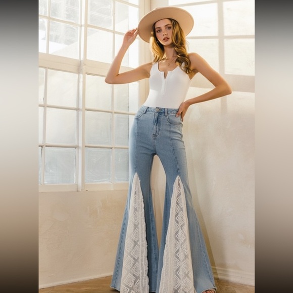 ✨ Boho Lace Flare Denim Pants | Western Festival Cowgirl Jeans – 34” Inseam - Picture 4 of 9